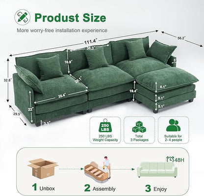 111.4" Cloud L Shaped Sectional Couch with Ottoman｜Modular Chenille Sofa with 29.1" Deep Seat｜FSC Solid Wood Frame｜Easy Assembly & 1YR Guarantee｜for Living Room Bedroom Apartment