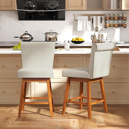 COSTWAY Swivel Bar Stools Set of 2, 27" Counter Height Bar Chairs with Rubber Wood Legs, Upholstered Linen Barstools with Back & Cushioned Seat, for Kitchen Island, Home, Beige (2,Beige)