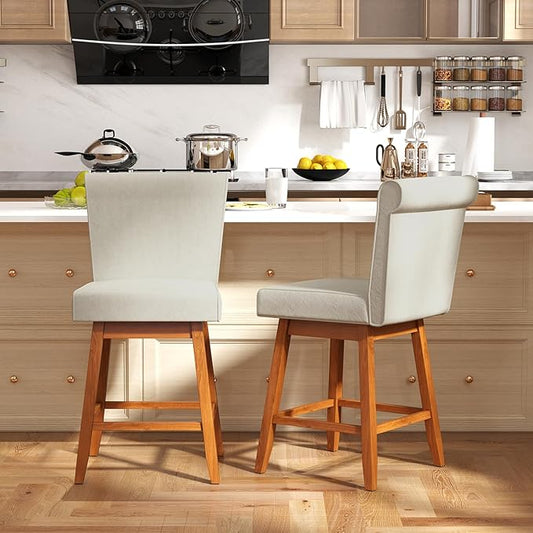 COSTWAY Swivel Bar Stools Set of 2, 27" Counter Height Bar Chairs with Rubber Wood Legs, Upholstered Linen Barstools with Back & Cushioned Seat, for Kitchen Island, Home, Beige (2,Beige)
