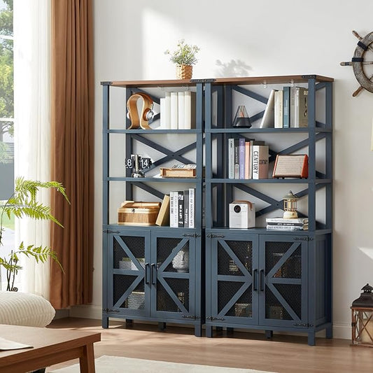 5 Tier Bookshelf 70" Tall Bookcase with Barn Doors,Large Farmhouse Display Book Shelf with Adjustable Shelves and Storage Cabinet，Library Wood Bookshelves for Living Room,Kitchen,Navy Blue
