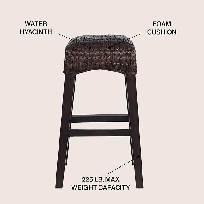JONATHAN Y CSL1101C Maui 25.5" Rustic Bohemian Hyacinth/Wood Backless Counter Stool for Home, Kitchen, Dining Room, Workspaces, Cafes and Resturants, Dark Brown Woven Seat with Natural Wood Frame