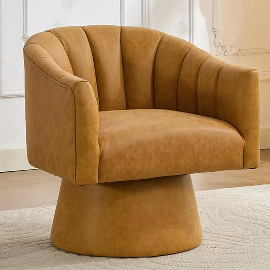 Swivel Accent Chair, Faux Leather 360° Swivel Barrel Chair Upholstered Modern Living Room Chair, Overstuffed Reading Armchair for Bedroom,Vanity,Office-Mustard