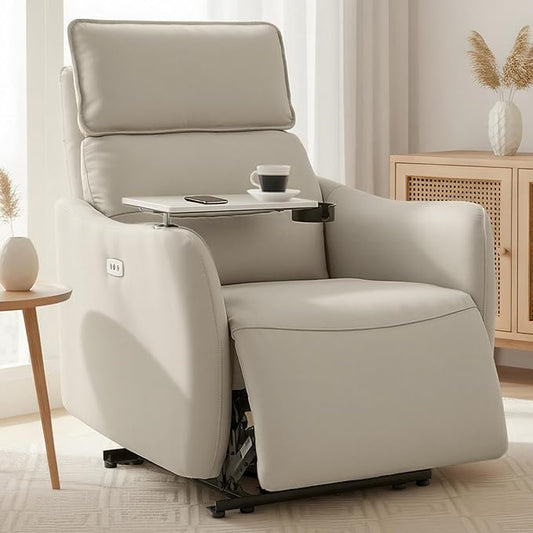 FLEXISPOT Lune Genuine Leather Power Recliner Chair with Tray Table & Adjustable Headrest, Real Leather Electric Recliner with USB & Type-C Charging Ports, Luxury Single Sofa for Living Room, Ceramic