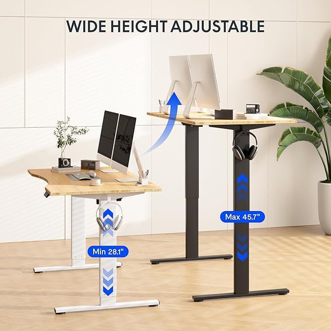 FLEXISPOT EN1 Bamboo Standing Desk, 48 x 24 Inches Whole-Piece Electric Height Adjustable Desk, Home Office Table Stand up Desk (White Frame + Bamboo Top, 2 Packages)