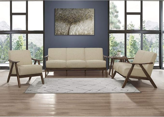 Lexicon Mid Century Modern Accent Chair with Solid Wood Frame in Walnut Finish, Upholstered Living Room Lounge Arm Chair, Thick and Comfy Innerspring Seat Cushion, Linen-Look Fabric, Light Brown