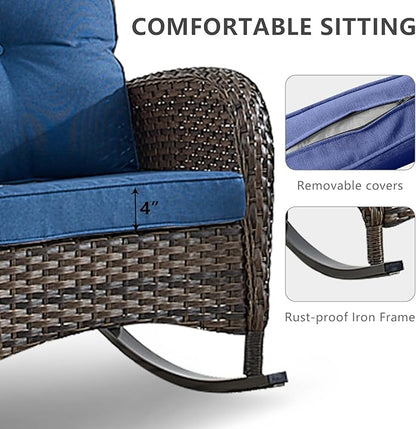 HUMMUH 5 Pieces Wicker Patio Furniture Set,Outdoor Rocker Chairs,Patio Ottomans,Glass Top Side Table,Outdoor Conversation Set for Porch Deck Backyard Poolside