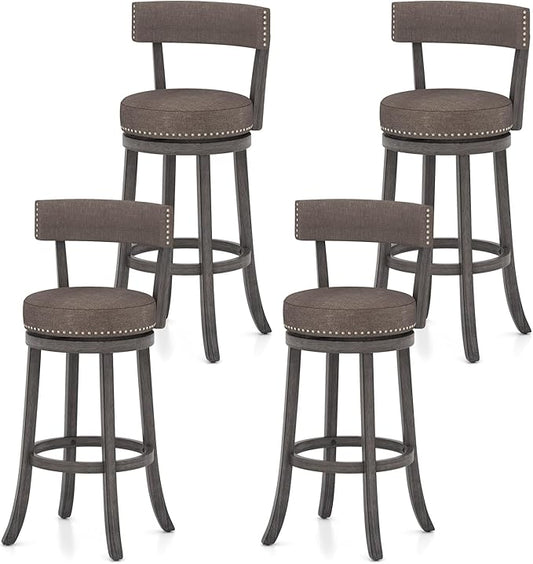 COSTWAY Bar Stools Set of 4, Upholstered Farmhouse Bar stools with Cushioned Seat & Backrest, Solid Wood Legs, Footrest, 31” Bar Height Swivel Stools for Kitchen Island, Pub (4, 31'' Seat Height)