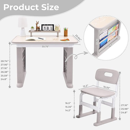 Kids Desk and Chair Set, Multi-Activity Children Study Table and Chair Set with Bookshelf for Home/Classrom, Height Adjustable, Graffiti Desktop, Removable Storage Rack for Toddler Ages 3-12