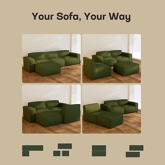 Marsail Modular Sectional Sofa, 142" U-Shaped Modular Sectional Couch with Deep Seat, Freely Combinable Sectional Clound Sofa for Living Room, No Assembly, Plush Corduroy Fabric, Green