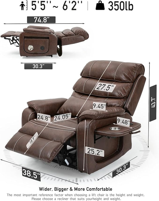 Power Lift Lazy Boy Recliner Chair, 2 Motor Flat Recliner, Nursing Lift Chair with Massage and Lumbar Heating, Adult Power Recliner with Side Pockets, Folding Table, Remote Control
