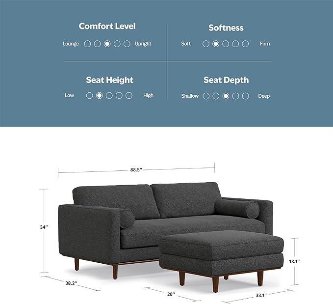 SIMPLIHOME Morrison Mid-Century Modern 89 inch Wide Sofa with Ottoman Set in Charcoal Grey Tightly Woven Performance Fabric for the Living Room and Family Room