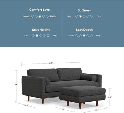 SIMPLIHOME Morrison Mid-Century Modern 89 inch Wide Sofa with Ottoman Set in Charcoal Grey Tightly Woven Performance Fabric for the Living Room and Family Room