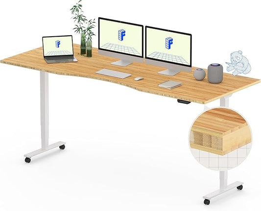 FLEXISPOT E6 MAX Bamboo 78x30 Inch Dual Motor 3-Stage Heavy Duty Standing Desk, 330lbs Weight Capacity, Height Adjustable Desk w/Cable Management & Wheels (Solid Bamboo Curved Desktop + White Frame)