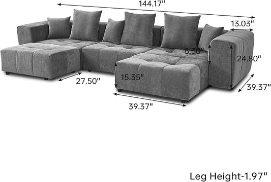 JACH 144.1 Inch U-Shaped Modular Sofa, Mid Century Modern Deep Seat Sectional Couch, 3-Seater Sofas with Chaise Ottomans for Living Room, Cozy Sofas for Apartment, Living Room (Linen Fabric, Grey)