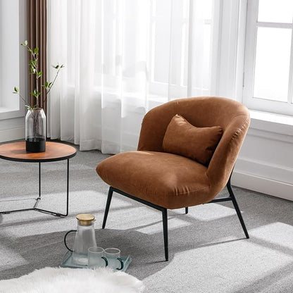 HEAH-YO Modern Accent Chair Set of 1, Living Room Chair with Barrel Backrest, Upholstered PU Faux Leather Armless Side Chair with Metal Legs for Bedroom, Brown