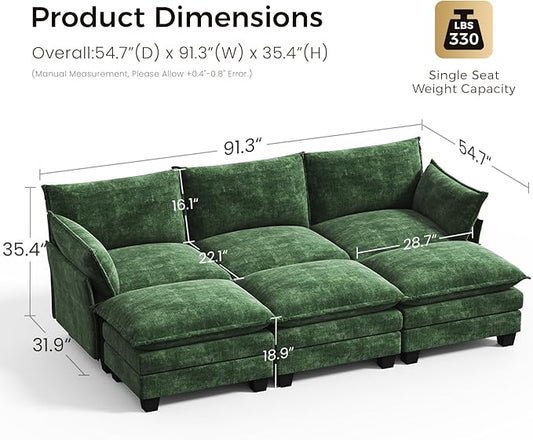 KKL 91.3" Large Modular Sectional Sofa Bed, 6 Seater Convertible U/J/L-Shaped Sleeper Cloud Couch with Ottoman, Chenille Sectional Couches for Living Room, Apartment, Green