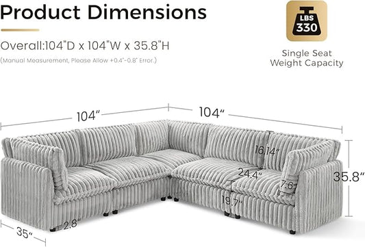 KKL Modular Sectional Couch for Living Room, V Shaped Corduroy Couches with Corner Seat, 5 Seater Oversized Sofa Convertible to Sleeper, Soft Fabric Modern Sofa, Grey