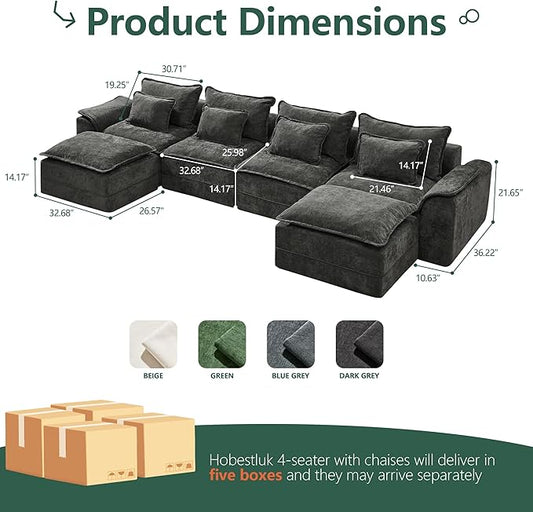 Hobestluk 152" Cloud Modular Sectional Couch 4-Seater Sofa with Ottomans U Shaped Couch Deep Seat Sofa with Removable Cover for Living Room (Dark Grey, 4-Seater Sofa with Two Ottomans)