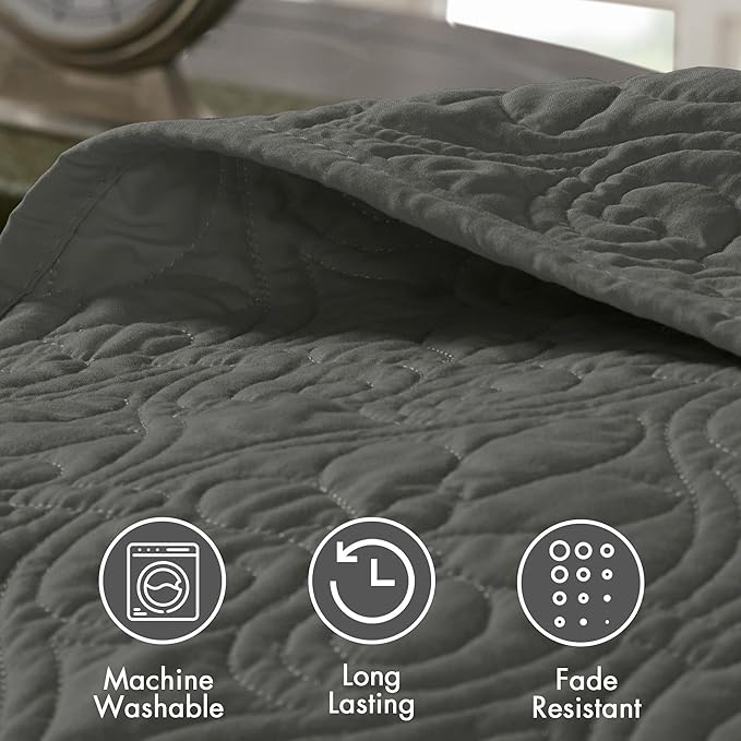 Madison Park Quebec Reversible Damask Design, Double Sided Quilting All Season, Lightweight Coverlet Bedspread Bedding Set, Matching-Shams, Queen(102"x118"), Dark Grey