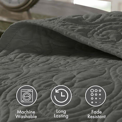 Madison Park Quebec Reversible Quilt Set Damask Design, Double Sided Stitching All Season, Lightweight Bedspread Bedding Set, Matching Sham, Dark Grey, King(120"x118") 3 Piece