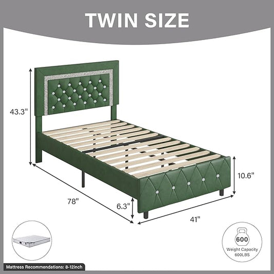 BarnFurin Twin Bed Frames with Headboard, Upholstered Bed with Diamond Tufted Design, Modern Platform Bed with Wooden Slats Support, No Box Spring Required, Easy Assembly, Green