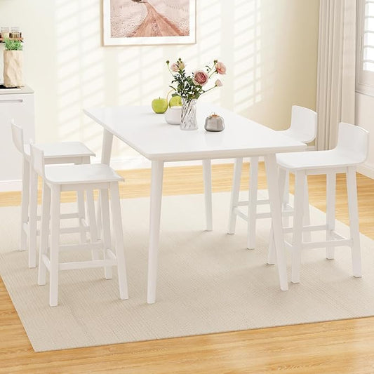 COSTWAY Solid Wood Bar Stools Set of 4, 24.5-inch Counter Height Chairs with Low Back and Footrest, Farmhouse Wooden Armless barstools for Kitchen Island, Dining Room, Cafe, Breakfast, White