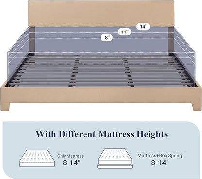 Allewie King Size Bed Frame with Adjustable Headboard, Upholstered Platform Bed with Wood Slats, Heavy Duty Mattress Foundation, No Box Spring Needed, Noise-Free, Easy Assembly, Beige