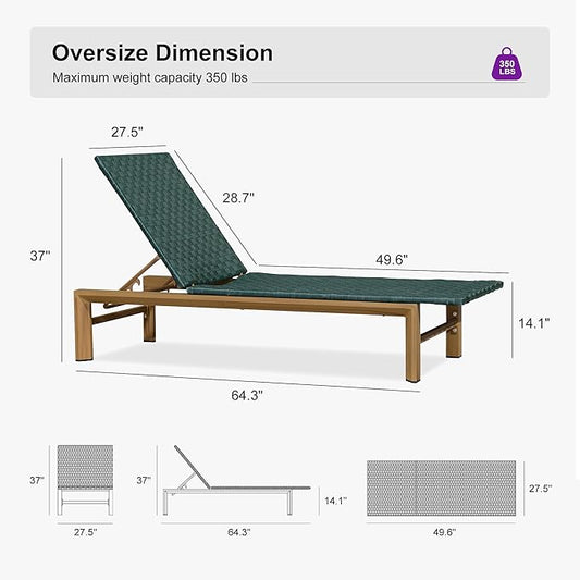 PURPLE LEAF Patio Oversized Chaise Lounge Rattan Chair Set of 2 Outdoor Pool Adjustable Recliner Wicker Chairs for Outside Woven Furniture Tanning Poolside Lounger Forest Green