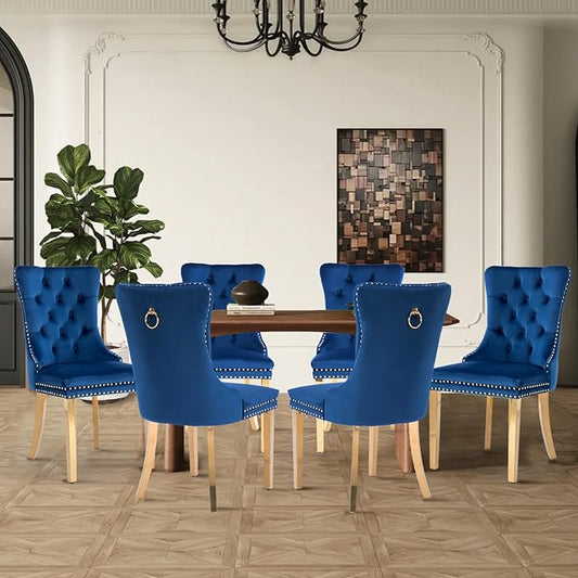 Velvet Upholstered Dining Chairs Set of 8, Modern Style Kitchen Side Chairs with Nailhead Trim and Gold Plated Leg, Metal Pulling Ring for Dining Room Living Room(Blue-Gold Plated Leg)