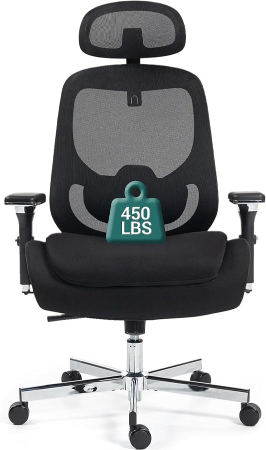 450 LBS Big and Tall Office Chair, Heavy Duty Executive Chair w/4D Arms, Ergonomic Computer Home Desk Chair, Swivel Mesh Chair w/2D Lumbar Support, Adjustable Headrest, Tilt Lock-Black