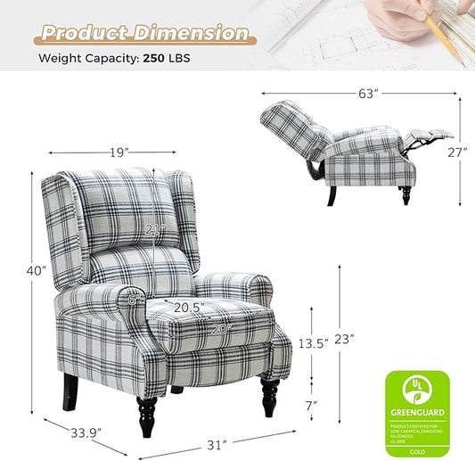 HULALA HOME Upholstered Wingback Recliner Chair Set of 2, Small Adjustable Footrest Push Back Single Reclining Sofa, Mid Century Modern Lounge Armchair for Living Room, Bedroom, Reading/Plaid Black