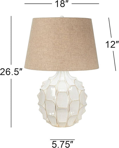Possini Euro Design Cosgrove Mid Century Modern 3-Way Table Lamp with Table Top Dimmer 26.5" High White Glazed Ceramic Light Brown Linen Drum Shade for Living Room Bedroom House Bedside Nightstand