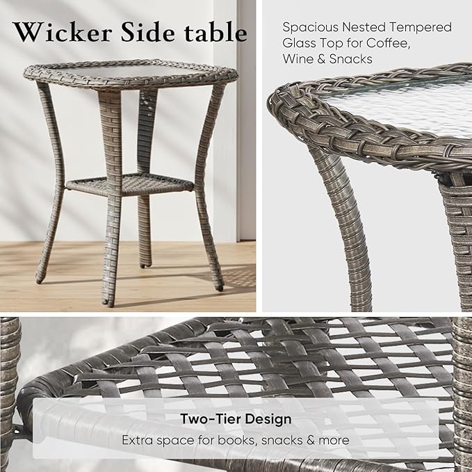 Belord Luxury 6" Thick Cushioned Outdoor Swivel Rocker Patio Chairs with Side Table, 3 Pieces High Back Wicker Furniture Set with Ergonomic Back, Conversation Gliders Set for Deck Porch - Grey+Grey