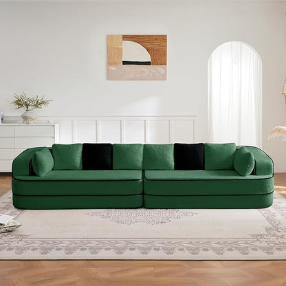 135" Modular Sectional Couch, 4-Seater with Throw Pillows Modern Teddy Fabric Foam Boneless Sofa for Living Room, Oversized with Deep Seat, No Assembly Required,Green