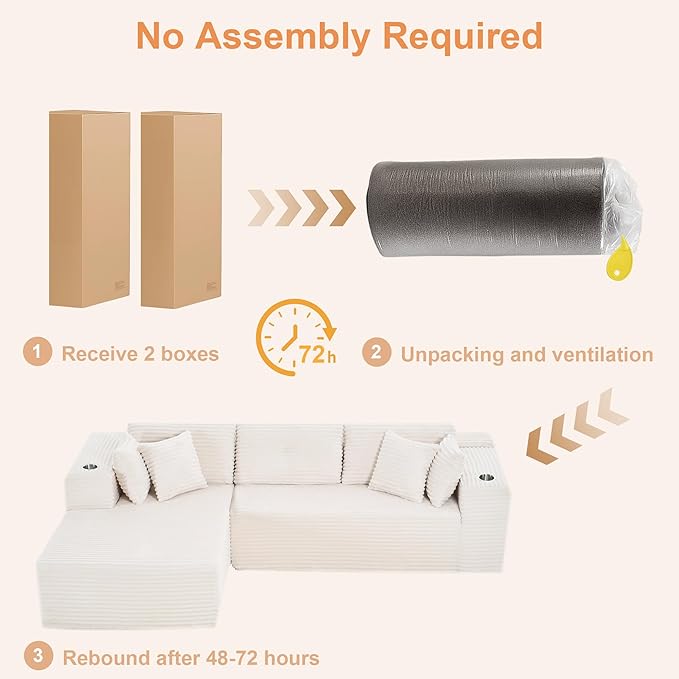 Modular Sectional Sofa, L Shaped Comfy Cloud Couch with Deep Seat, Boneless Couch for Living Room, Modern Sectional Sleeper with Chaise, No Assembly Required, Sofa in A Box, Beige Corduroy