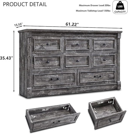 Farmhouse 8 Drawers Dresser for Bedroom, 61" Wide Large Dressers & Chests of Drawers w/Roman Column, Storage Dressers Organizer for Bedroom, Hallway, Living Room, Light Grey