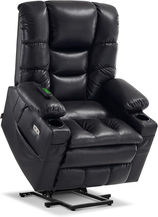 MCombo Large Triple Motor Power Lift Recliner Chair with Massage and Dual Heating, Adjustable Headrest for Tall Elderly People, Faux Leather 7634 (Black, Large)