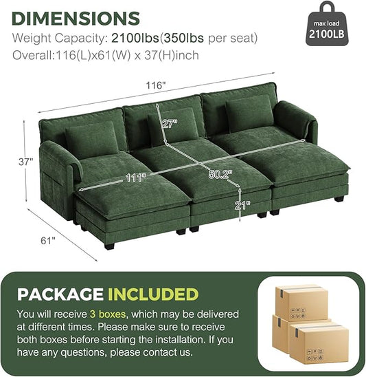 ELUCHANG 116" Luxury Modular Sectional Sofa, Comfy Deep Seat Cloud Couch, Sleeper Sofa Bed, 6 Seat Modern Couch with Removable Cover for Living Room, Apartment, DIY Combination, Chenille Olive Green