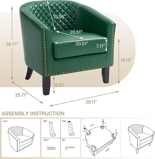 Pia Ricco Faux Leather Barrel Accent Chairs Set of 4, Modern Club Arm Chair Comfy Upholstered Single Sofa Chair with Solid Wood Legs and Nailhead Trim for Living Room/Reading Room, Green
