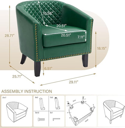 Pia Ricco Faux Leather Barrel Accent Chair, Modern Club Arm Chair Comfy Upholstered Single Sofa Chair with Solid Wood Legs and Nailhead Trim for Living Room/Reading Room (Green)