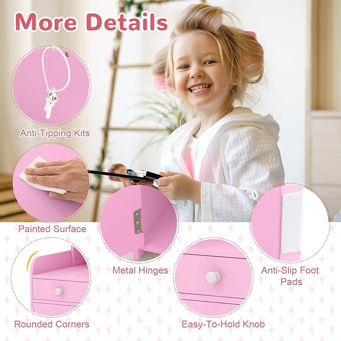 GLACER Kids Vanity, Wooden Toddler Vanity with Lighted Mirror, Drawer & Cabinet, Storage Shelves, Princess Kids Vanity Table and Chair Set, Girls Vanity for Little Girls Ages 3+ (Pink)