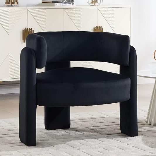 Velvet Accent Chair with Arms, Upholstered Barrel Armchair with Curved Back, Comfy Single Side Chair for Reading, Living Room, Home Office, Black