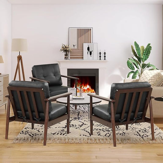 STHOUYN Mid Century Modern Chair, PU Leather Accent Chair Set of 2 with Wood Arms, Living Room Chairs, Reading Armchair for Bedroom, Waiting Room, Office