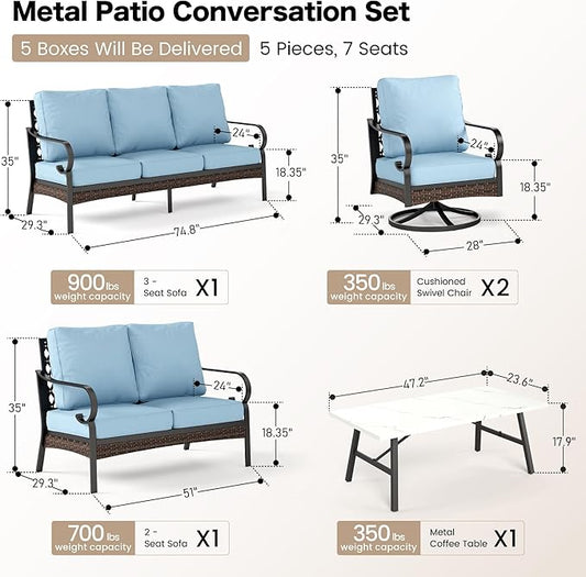 5 Piece Metal Outdoor Patio Furniture Set, Patio Conversation Sets 1 3-Seater Sofa, 2-Seater Sofa, 2 Swivel Sofa with 5.75" Thick Cushion & Coffee Table Black Backyard Furniture, Blue