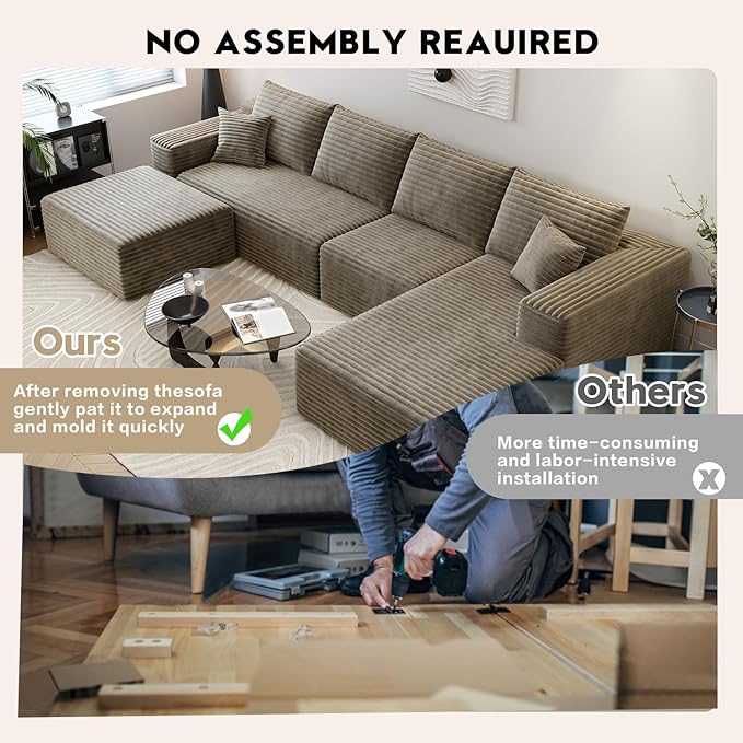 135.4" Cloud Sectional Couch with 1 Ottoman,Modern Modular Sofa with Deep Seat, Comfort U Shaped Sofa Couches for Living Room Bedroom Apartments,No Assembly Required, (Camel,Right Facing Chaise)