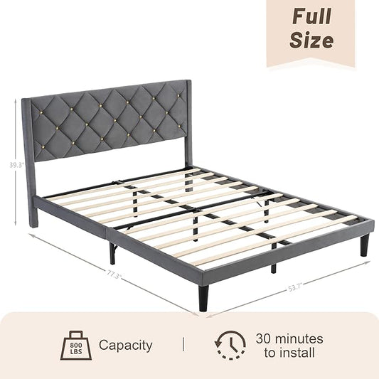 Full Size Platform Bed Frame with Velvet Upholstered Headboard and Sturdy Wooden Slats Support,Mattress Foundation，Easy Assembly, No Box Spring Needed,Slip Resistant (Grey, Full)