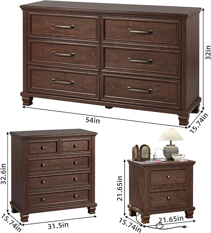 Farmhouse Bedroom Dresser and Nightstand Set of 4, 6 Drawer Low & 5 Drawers Dresser & 2 Drawer Nightstand Set, Rustic Wood Bedroom Furniture Set for Livingroom, Hallway, Walnut
