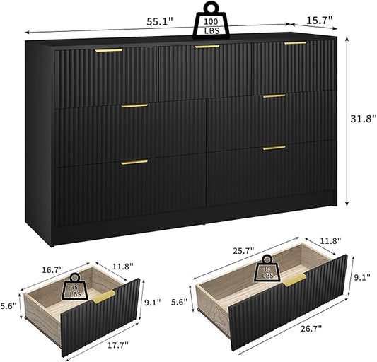 Black Dresser with 7 Drawer - 55” Wide Fluted Dresser for Bedroom with Metal Handle, Chest of Drawer, Wood TV Stand for Bedroom, Living Room, Black