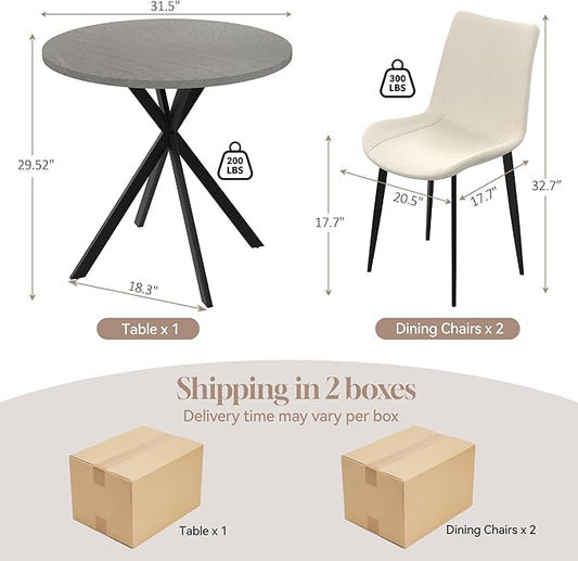 31.5" Round Dining Table and Chairs Set for 2, Small Dining Table Chairs Set Space-Saving, Small Dinette Sets for 2 for Kitchen Dining Room Apartment(Gray Table + Beige Chairs)