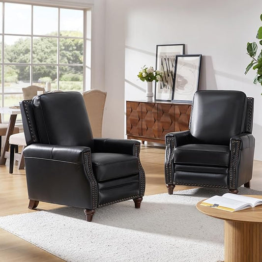 HULALA HOME Genuine Leather Recliner Chair Set of 2, Push Back Recliner Armchair with Thick Seat and Backrest(Black)